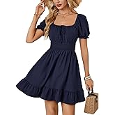 OPOIPIN Women's Square Neck Flounce Short Sleeve Ruffle Flowy Short Dress Navy Blue Small