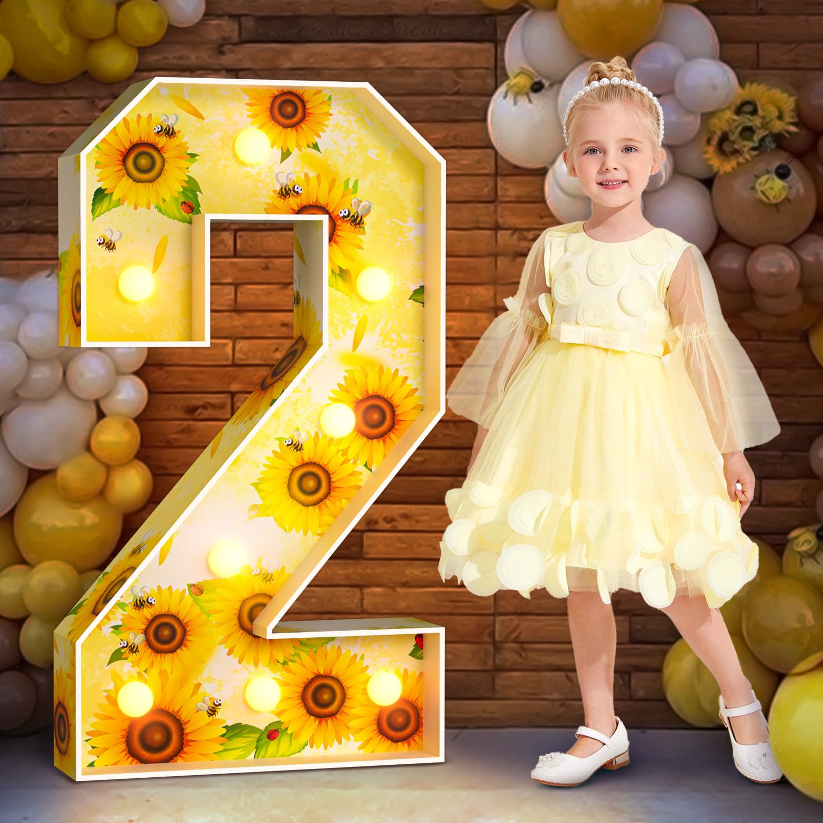 Photo 1 of imprsv Marquee Numbers Sunflower 2nd-Birthday Decorations: 3ft Large Light Up Number 2 Yellow Two Year Old Second Birthday Party Decor Balloon Frame