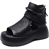 Crepuscute Women's Leather Platform Wedge Sandals Adjustable Open Toe Back Zipper Hook Loop Causal Roman Sandals High Top Round Toe Breathable Walking Dress Shoes