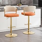 VipDesk Upholstered Swivel Bar Stools Set of 2, Adjustable Height, Orange | Two-Tone PU Leather Bar Chairs with Padded Back, 24.8"-32.7" Seat Height, Gold-Tone Base, Footrest, Kitchen Island Seating