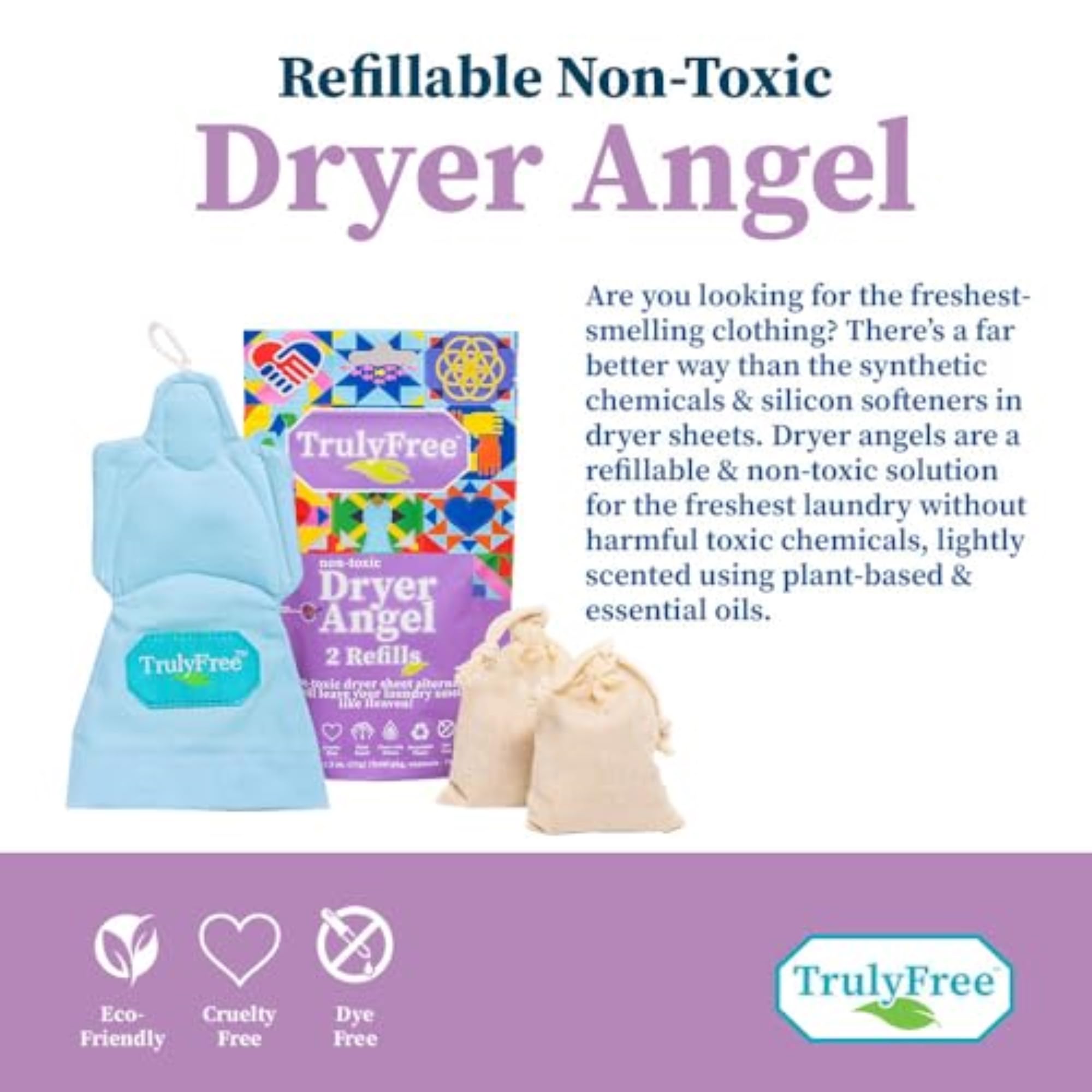 Dryer Angel: Refillable Non-Toxic Dryer Sheet Alternative, Fabric Softener and Scent Booster - Includes: 1 Dryer Angel Cover with 2 Refills