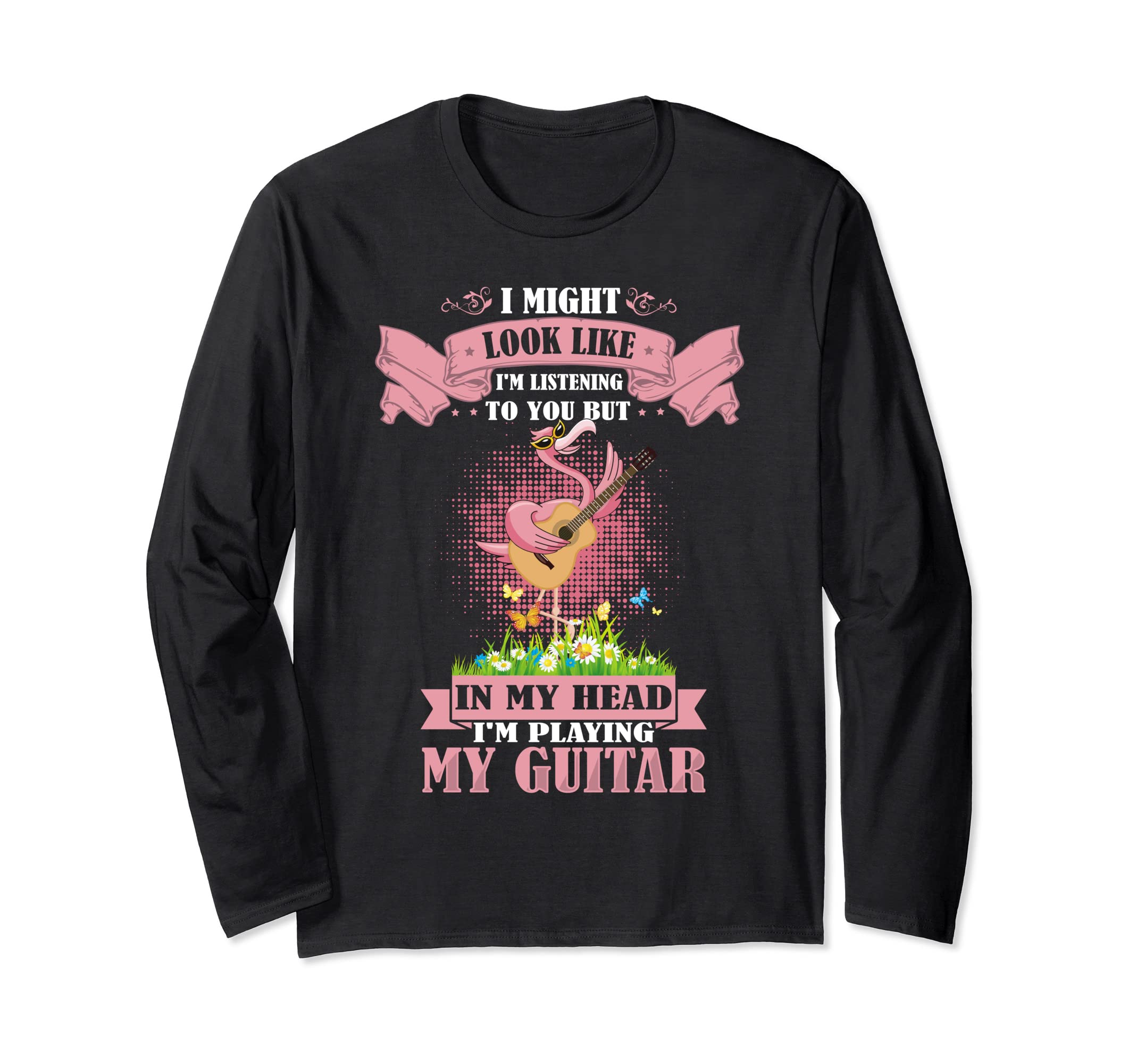 Flamingo Playing Acoustic Guitar Musical Fans Band Lover Long Sleeve T-Shirt