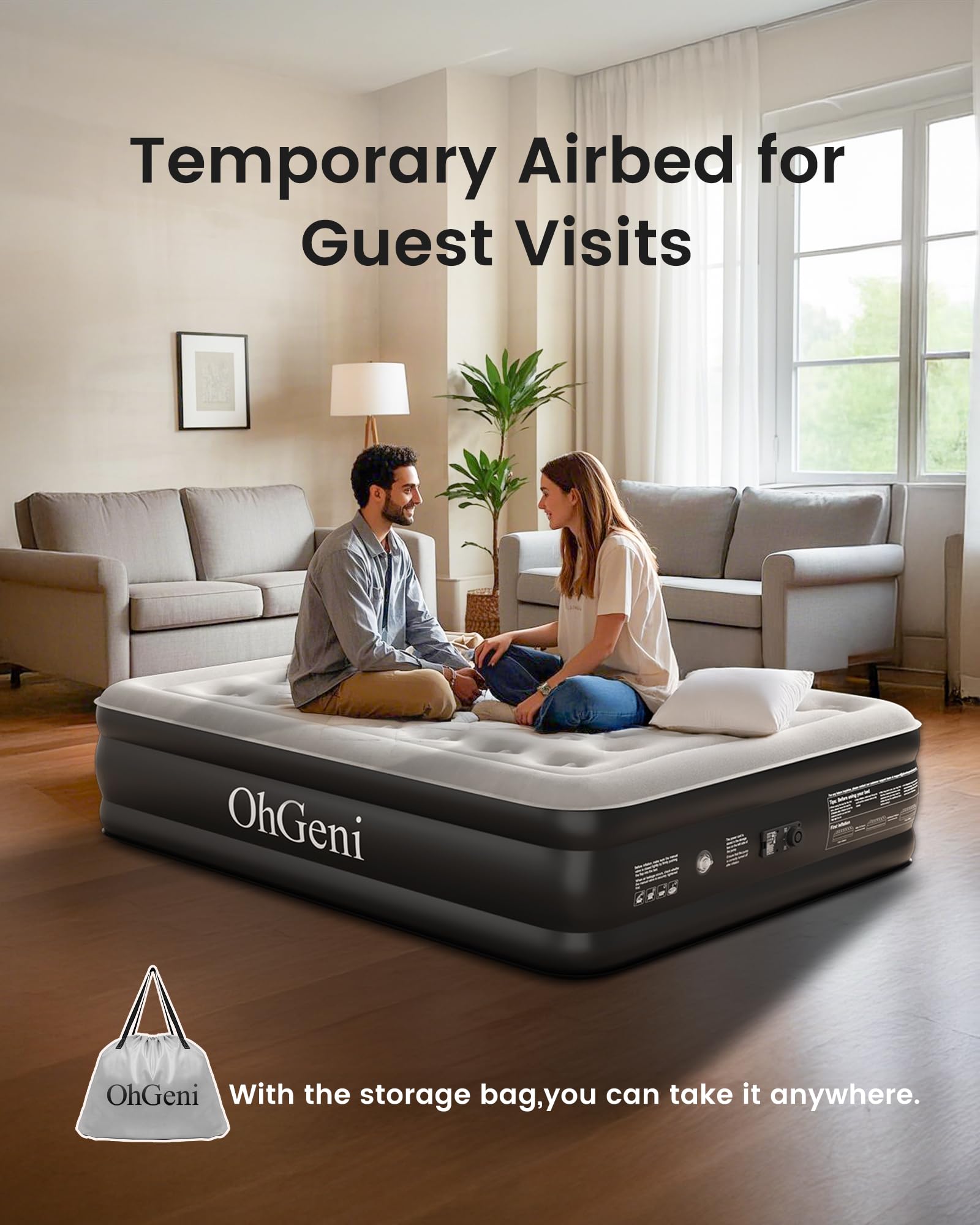 OhGeni Queen Air Mattress with Built in Pump, Inflatable Mattress Blow Up Bed 18 Raised Comfort,Upgraded Surface Portable Mattress, Air Bed for Camping, Home and Guest, Colchone Inflable, 650 lbs Max