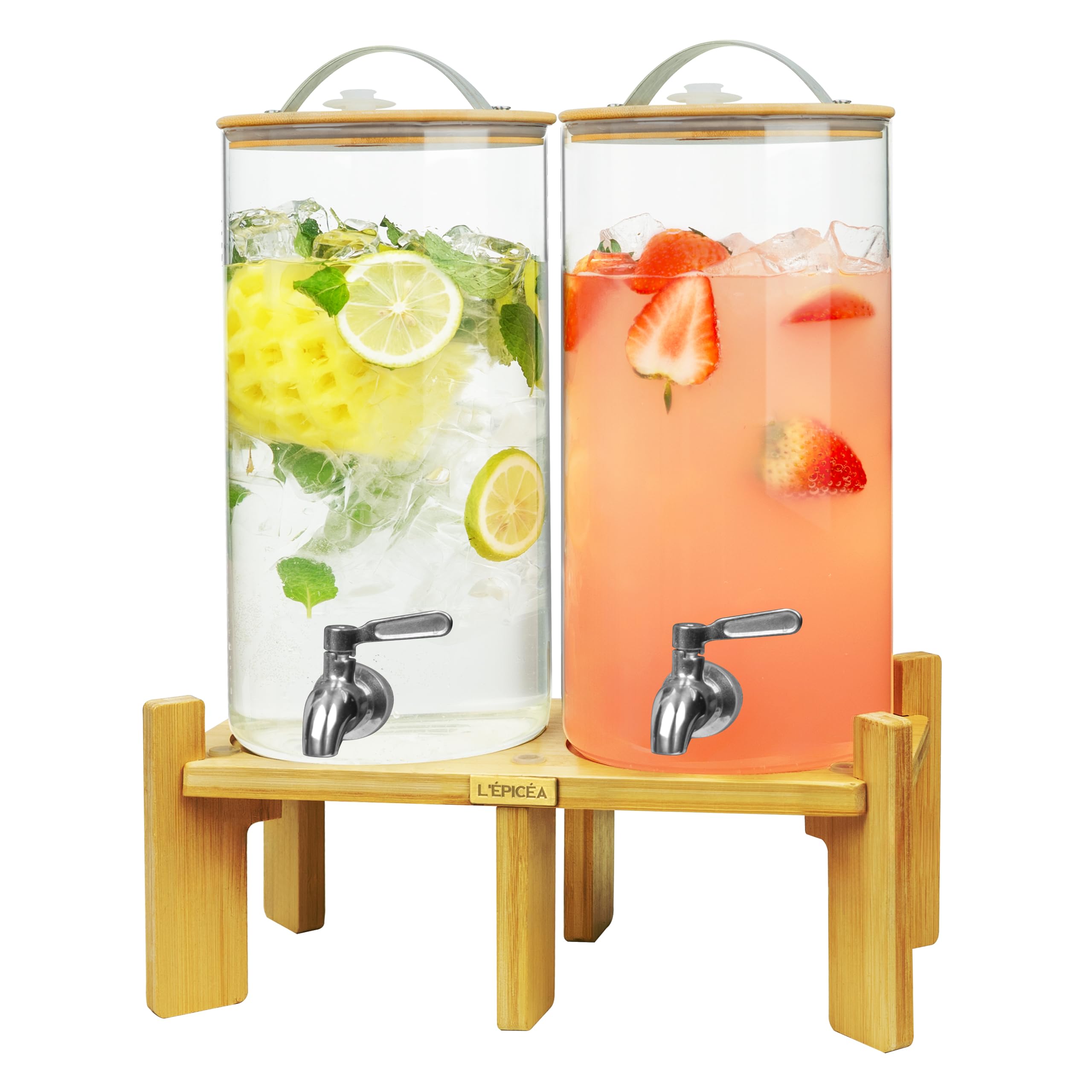 Photo 1 of (missing one silicone piece) L'ÉPICÉA 1.5 Gallon Drink Dispenser for Parties 2 PCS, Beverage Dispenser Set of 2, Glass Drink Dispensers with Wood Stand