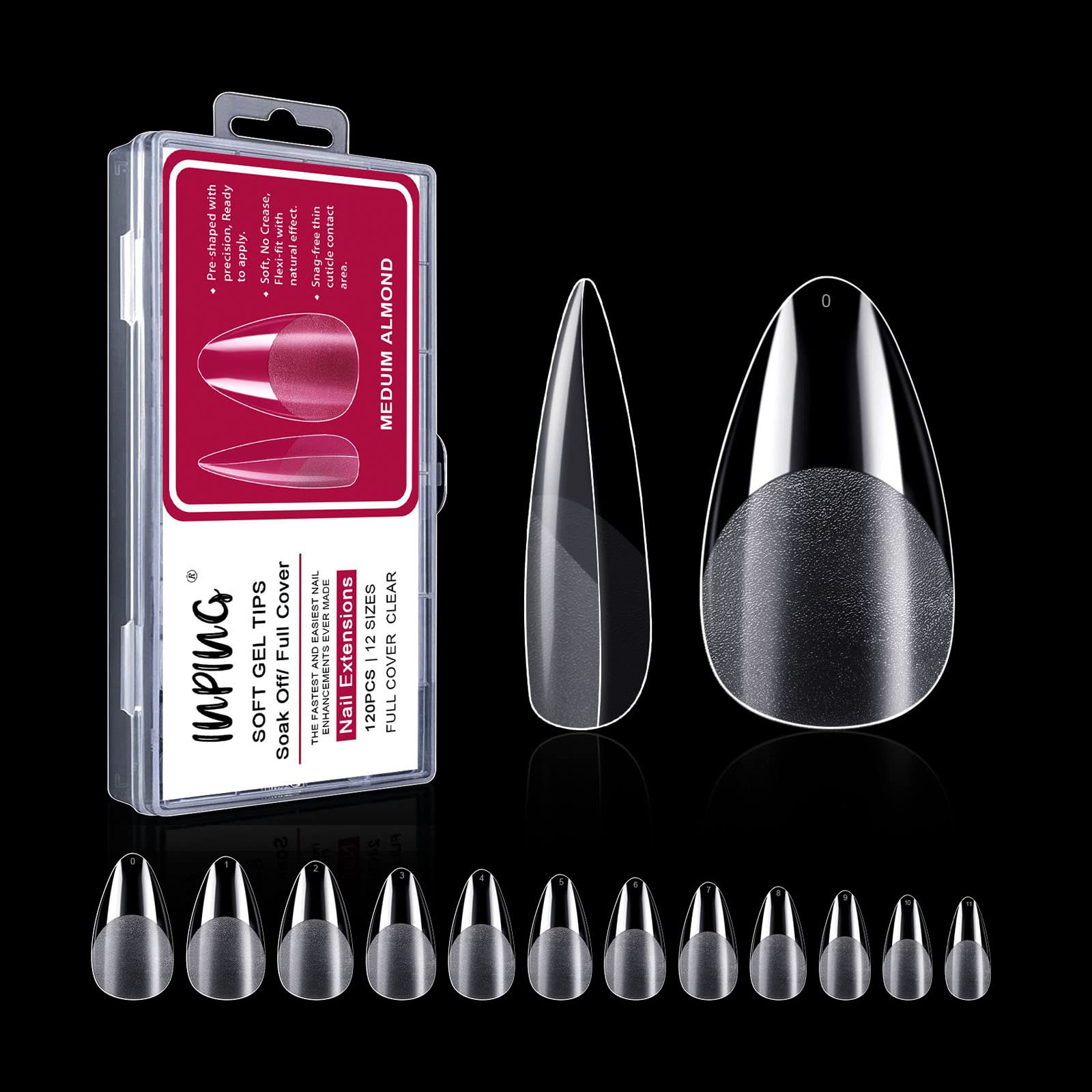 INPING Soft Gel Full Cover Nail Tips, 120PCS Medium Almond Extensions Clear Pre-Shaped No Trace Acrylic Fase Artificial Nails Tips for Starter Home DIY Nail Art Nail Salons, 12 SIZES