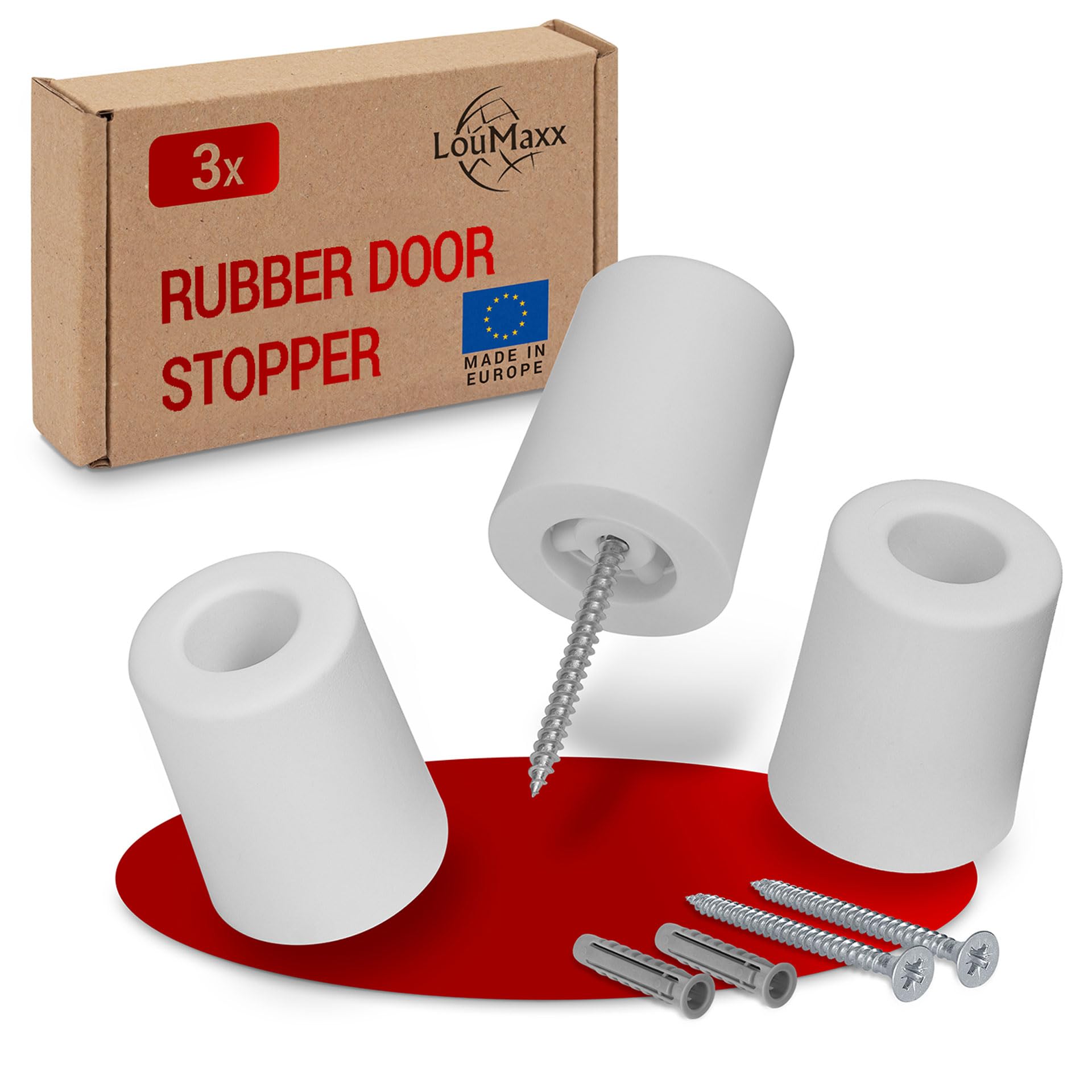 LouMaxx Floor Door Stops Made of Rubber - Floor Door Stop Ø 40 mm x 50 mm for Screwing On - Reliable Protection Against Hitting Doors - Set of 3 in White