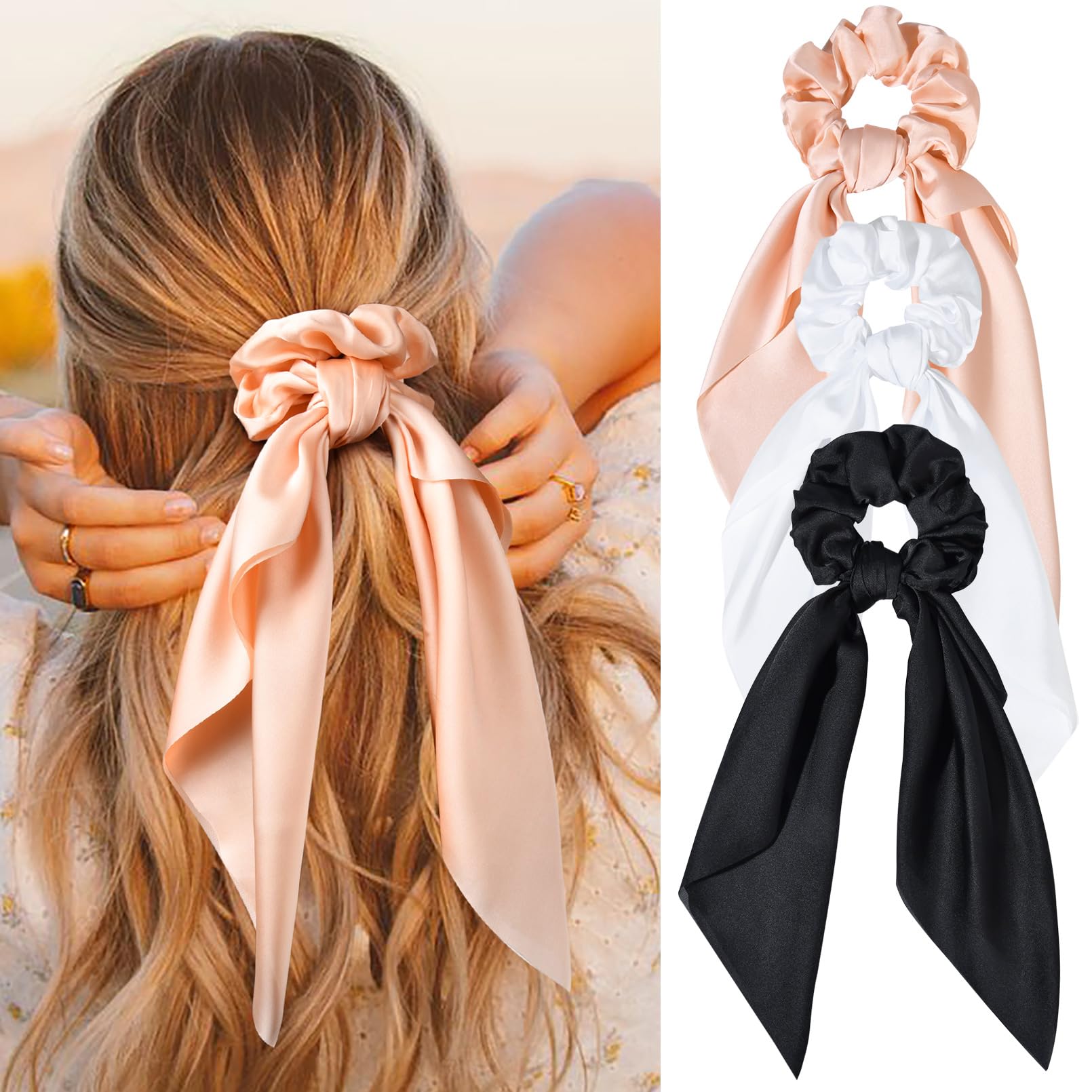 Photo 1 of 3PCS Hair Scarf Scrunchies HairRibbons for Women Satin Silk Elastic Hair Tie Bow Bands Ponytail Holder Accessories for Women Girls (Black White Apricot)