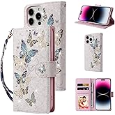 UEEBAI Wallet Case for iPhone 16 Pro Max, PU Leather Phone Cover Kickstand RFID Blocking Flip Case Card Slots Wrist Strap Relief Engraved Pattern Magnetic Closure Flower Folio Wallet, Blue Butterfly