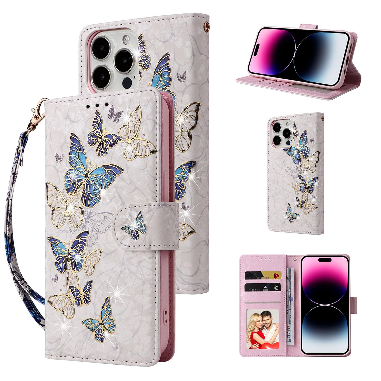 Photo 1 of UEEBAI Wallet Case for iPhone 16 Pro Max, PU Leather Phone Cover Kickstand RFID Blocking Flip Case Card Slots Wrist Strap Relief Engraved Pattern Magnetic Closure Flower Folio Wallet, Blue Butterfly