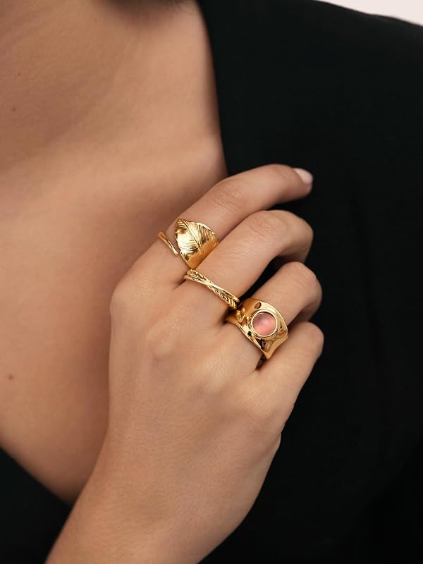 Anillo Mujer Ajustable Hoja Acero Baño Oro