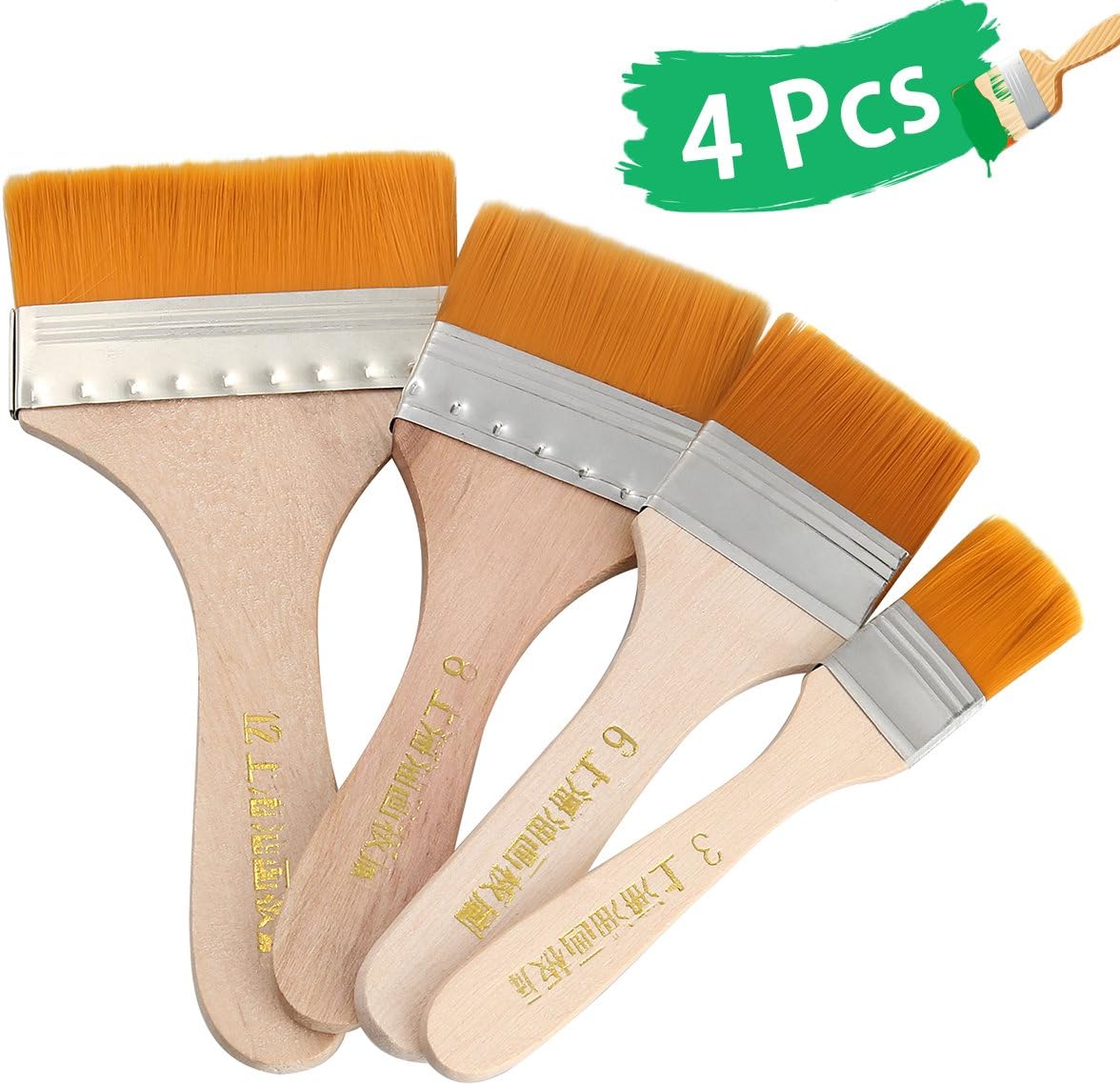 4 Pcs of Chip Brushes For Wall, 4 Size of Abuff Large Paint Brushes Multi-Use 1" 1.6” 2" 3" For Acrylic Paint, Canvas, Gesso, Watercolors, Glazes, Furniture Paints