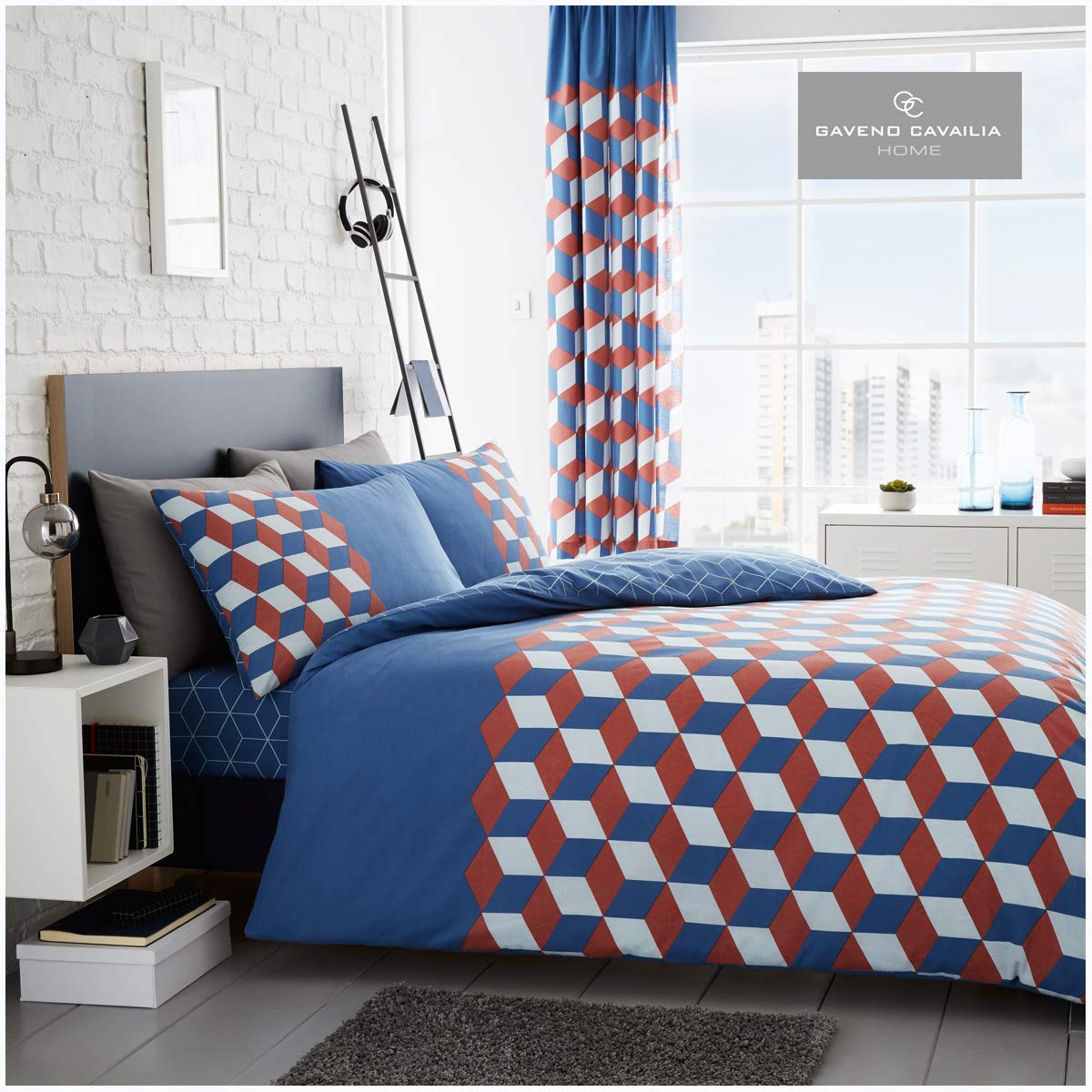 GC GAVENO CAVAILIA Luxurious Printed Duvet Cover and Pillow Cases, Easy Care Soft & Cosy Quilt Bedding Set, Polyester-Cotton, Cubix-Blue, King