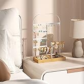 BMOSU Jewelry Organizer Stand with Velvet Ring Holder 2 Bracelet Holder Display 4 Tier Jewelry Rack with 8 Necklace Hooks and 48 Earring Holes Organizer Storage Wooden Box White