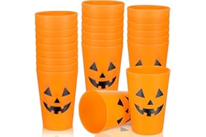 Yetene 24 Pieces Halloween Plastic Cups Bulk Reusable 8 oz Pumpkin Design Party Drinking Cup Jack O Lantern Halloween Cups for Adults Orange Plastic Cup for Party Favors Supplies Tableware Tumbler