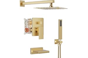 HoliSpa Gold Shower System with Tub Spout, All Metal Tub Shower Faucet Set with 10" Rain Shower Head and Handheld Spray combo, Wall Mounted Tub Shower Systems with Valve and Trim Kit, Brushed Gold