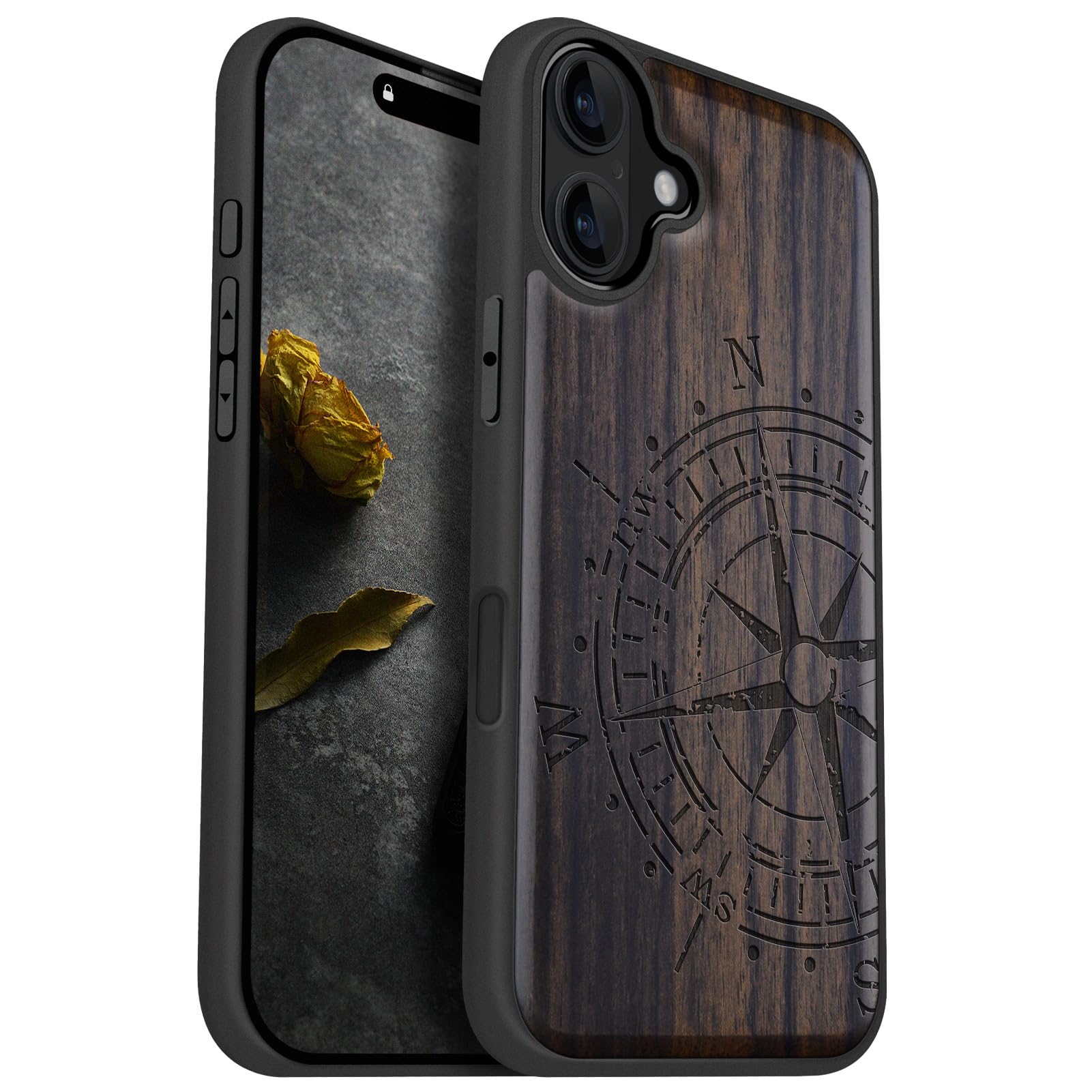 Carveit Magnetic Wood Case for iPhone 16 Plus - Solid Wood & Black Soft TPU - Shockproof Protective Cover - Unique Wooden Case - Compatible with MagSafe - The Incomplete Compass (Blackwood)