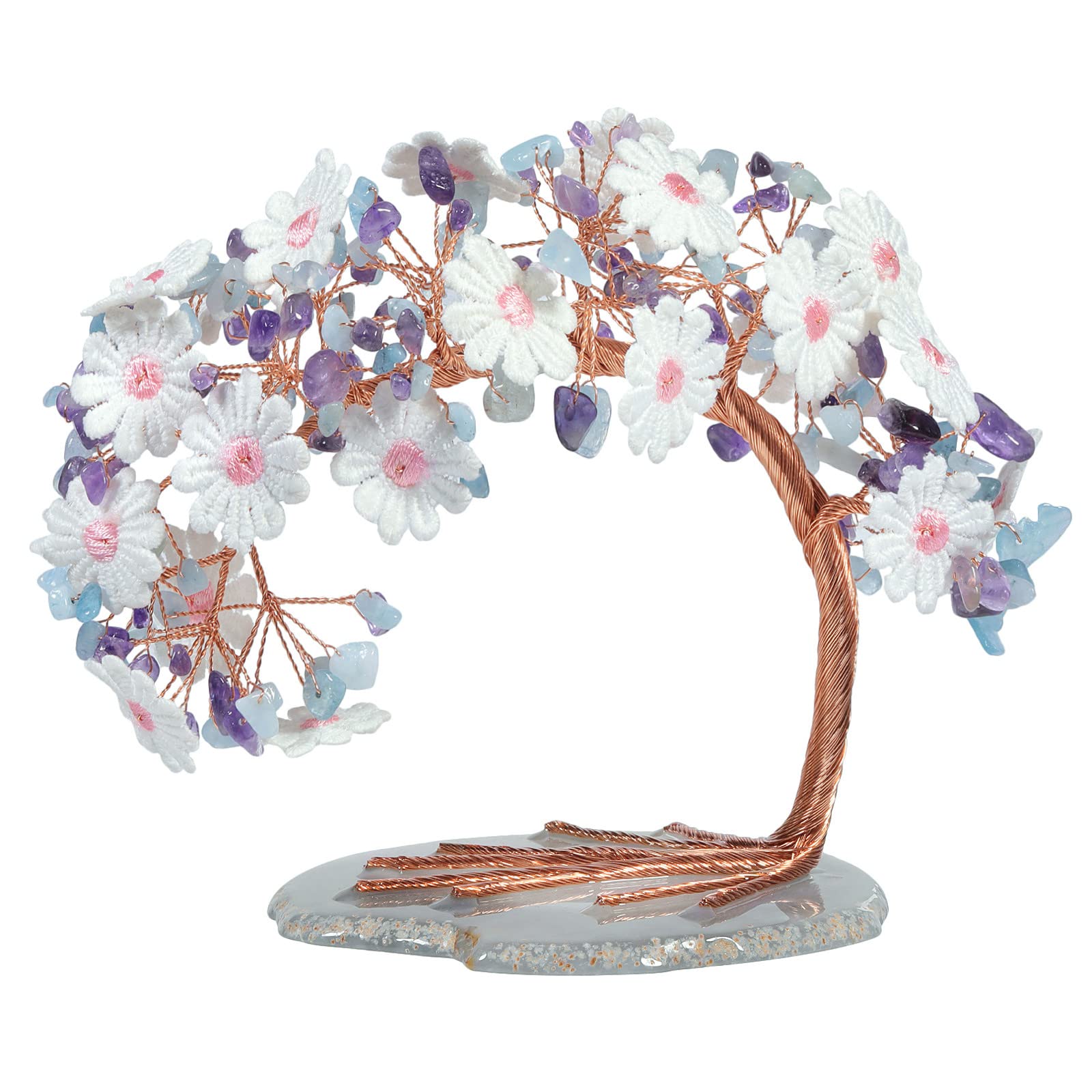 Nupuyai Amethyst & Aquamarine Crystal Money Tree with Rock Crystal Cluster Base, Good Luck Fengshui Figurine Healing Stone Tree Ornament for Home Office Decor