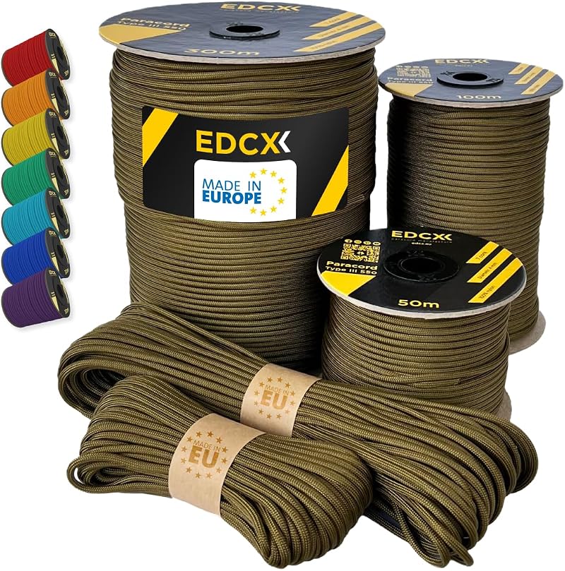 EdcX Paracord 4mm 35+ Colors 10m-300m 550 Type III Nylon Rope