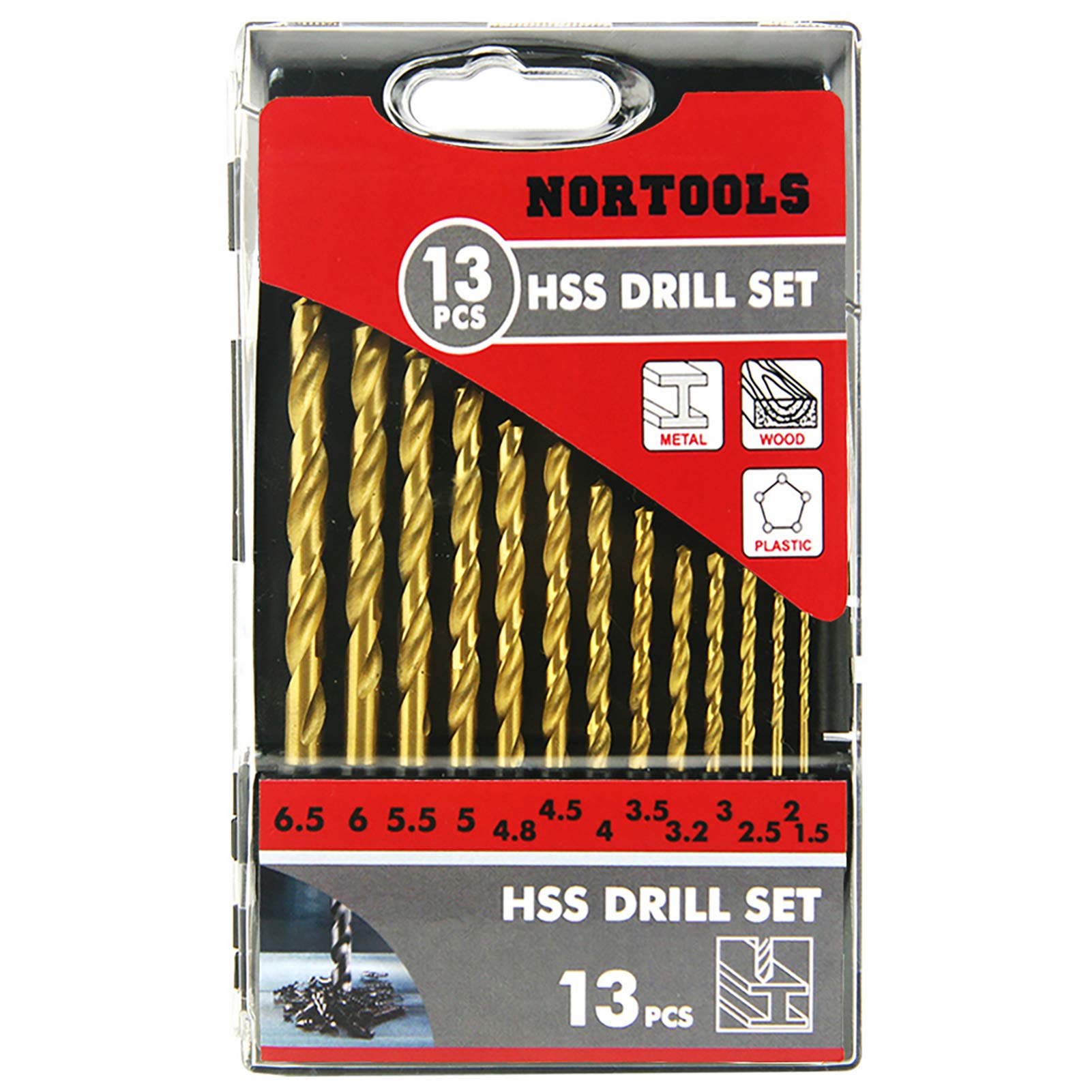 NORTOOLS HSS Round Shank TiN Coated Drill Bit Set with Plastic Tool Display Storage Box 13 PCS 1.5-6.5 x 0.5 mm + 3.2/4.8 mm