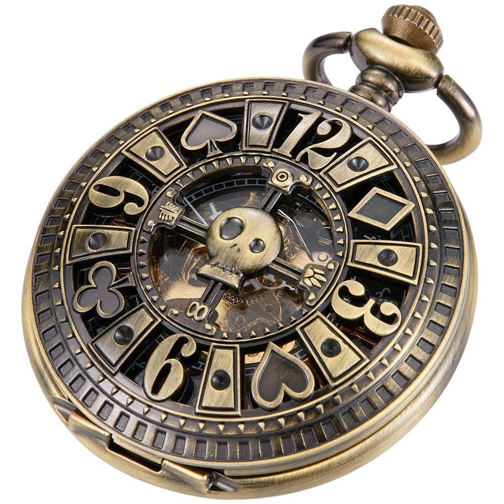 Men's Mechanical Holoow Design Hand Wind Pocket Watch Roman Numerals Steampunk with Chain Box