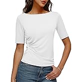 DCCISU Women's Half Sleeve Round Neck Shirts Shirred Slim Fitted Going Out Tops 2025 Trendy Tee Shirts Small Cream White