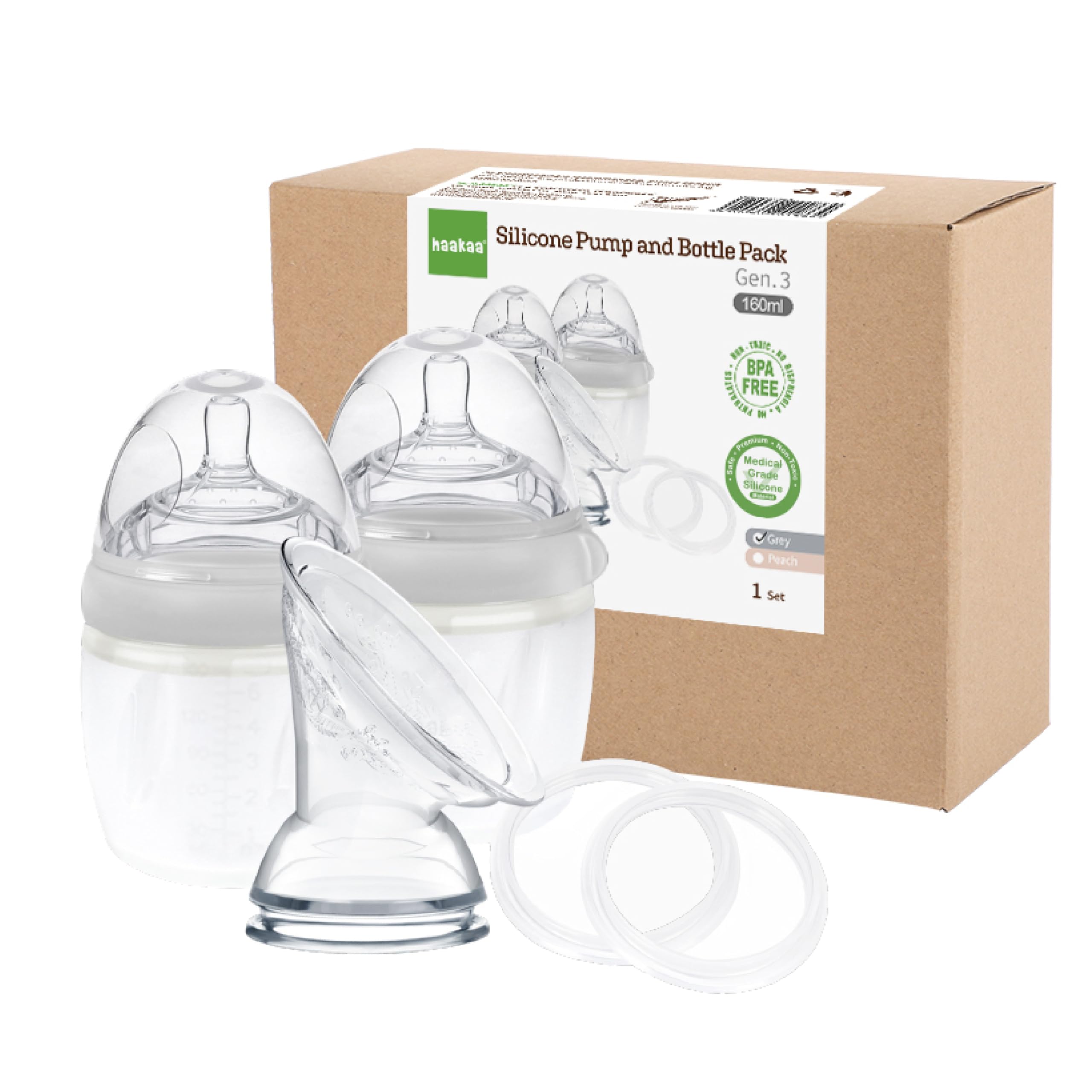 Haakaa Generation 3 Silicone Breast Pump and Bottle Pack, Grey, 386 g