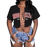 Hilinker Women's Sexy Graphic Crop Tops Summer Cut Out Chain Shirts Short Sleeve Cropped Tee