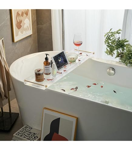 Plateau De Baignoire Réglable Et Extensible | En Plastique Transparent | Compartiments Pour Livre, Verre, Téléphone, Bougie