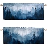 WUQIANQ Blue Gray Valance Curtains 2 Pack Abstract Art Mountain Forest Valance for Kitchen Windows Bathroom Living Room Bedroom Window Treatment Valances 54x18in