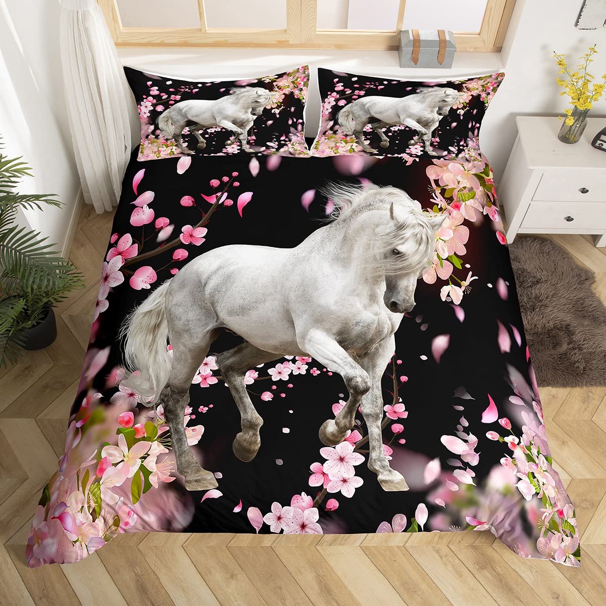 Horse Duvet Cover Set White Palomino Horse Decor Bedding Set Single Size for Kids Boys Girls Wild Animal Pattern Beds Set Wildlife Style Bedroom Collection 2pcs