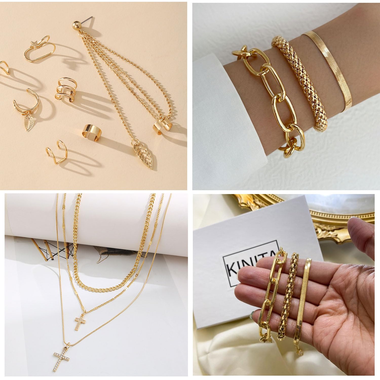 73 Pcs Gold Jewelry Set with 6Pcs Layered Necklace, 11 Pcs anklet and 7Pcs Earring Ear Cuff,12Hoop Earrings ,15pcs Rings,21pcs stud earrings Jewerly set for Women Pack for Friendship Party Gift
