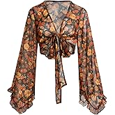 Verdusa Women's 70s Floral Print Tie Front Mesh Cover Up Long Bell Sleeve V Neck Crop Boho Blouse