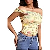 OYOANGLE Women's Floral Mesh Off The Shoulder Tank Tops Sleeveless Slim Fit Y2K Ruched Crop Top