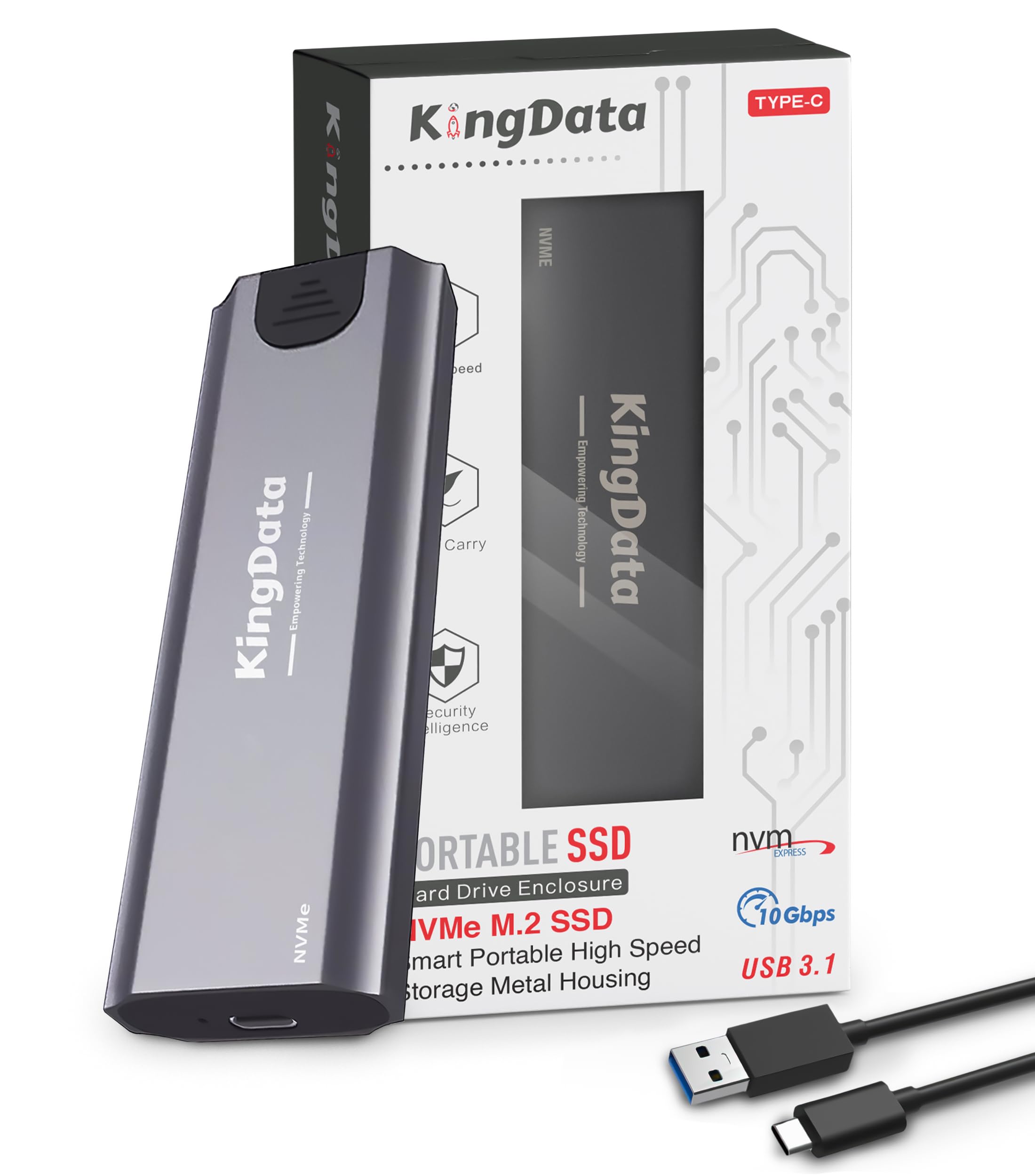 KingData Tool-Free 10Gbps M2 SSD Enclosure - USB 3.1 NVMe to USB Adapter for 2230/2242/2260/2280 M.2 NVMe with USB C to A Cable