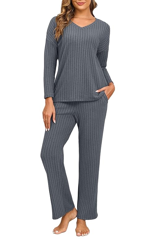 PrinStory Womens Pajama Sets Long Sleeve Lounge Set 2 Piece Pajamas Fall Winter Pjs for Woman Loungewear with Pockets Dark Gray-M