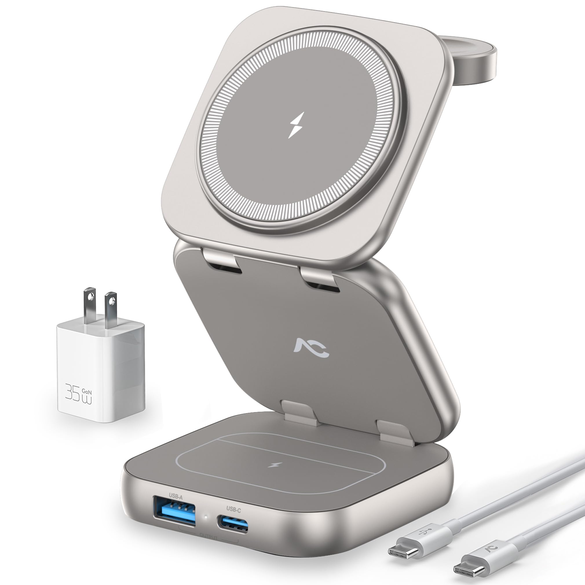 Photo 1 of Wireless Charger for MagSafe, 5-in-1 Evolved Charging Stand, 15W Max Fast Portable Magnetic Station, Titanium Aluminum Foldable for iPhone 16/15/14/13 Series, Apple Watch, AirPods (with 35W Adapter)