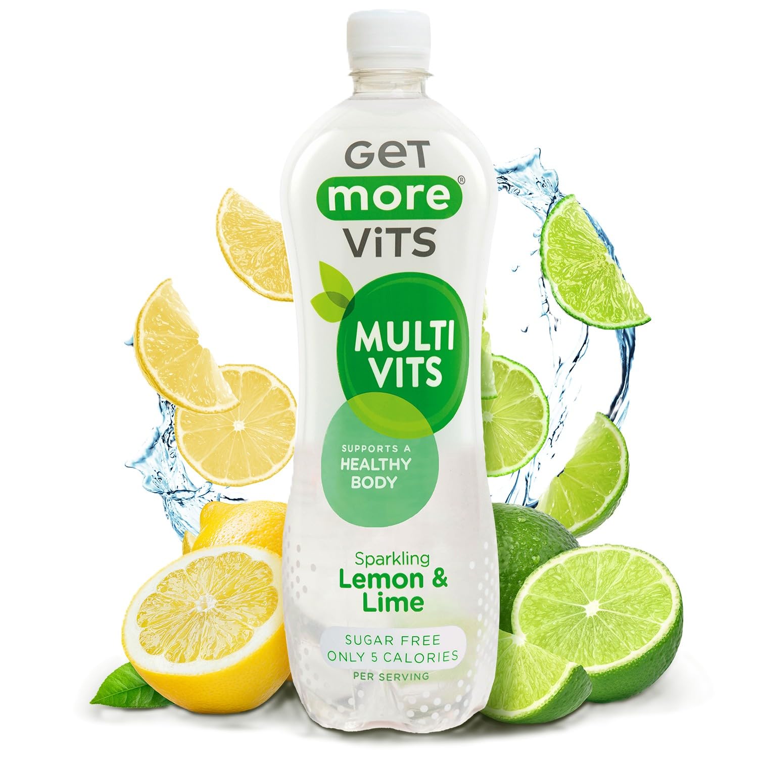 Get More Vits Sparkling Water - Low Calorie, Sugar Free, & Multivitamin Flavoured Water - Fizzy Drink with Vitamin D, C, & B Vitamins - Lemon & Lime Spring Water - 1 Litre Bottles, Pack of 12