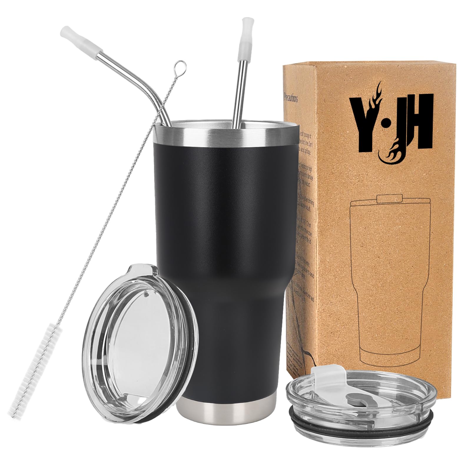 Y·J&H 30oz (850ml) Travel Tumbler Double Wall Vacuum Insulated Coffee Mug Stainless Steel Coffee Cup with 2 Splash Proof Lid, 2 Straws & Free Cleaning Brush, BPA Free - Black