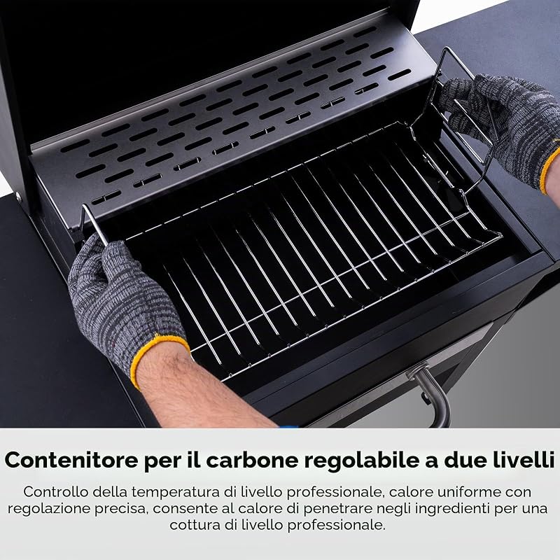 Barbecue a carbone con coperchio e copertura, Grill 2 in 1 compatto per balcone, Termometro integrato, Griglia mantenimento, Protezione esterno e facile da riporre
