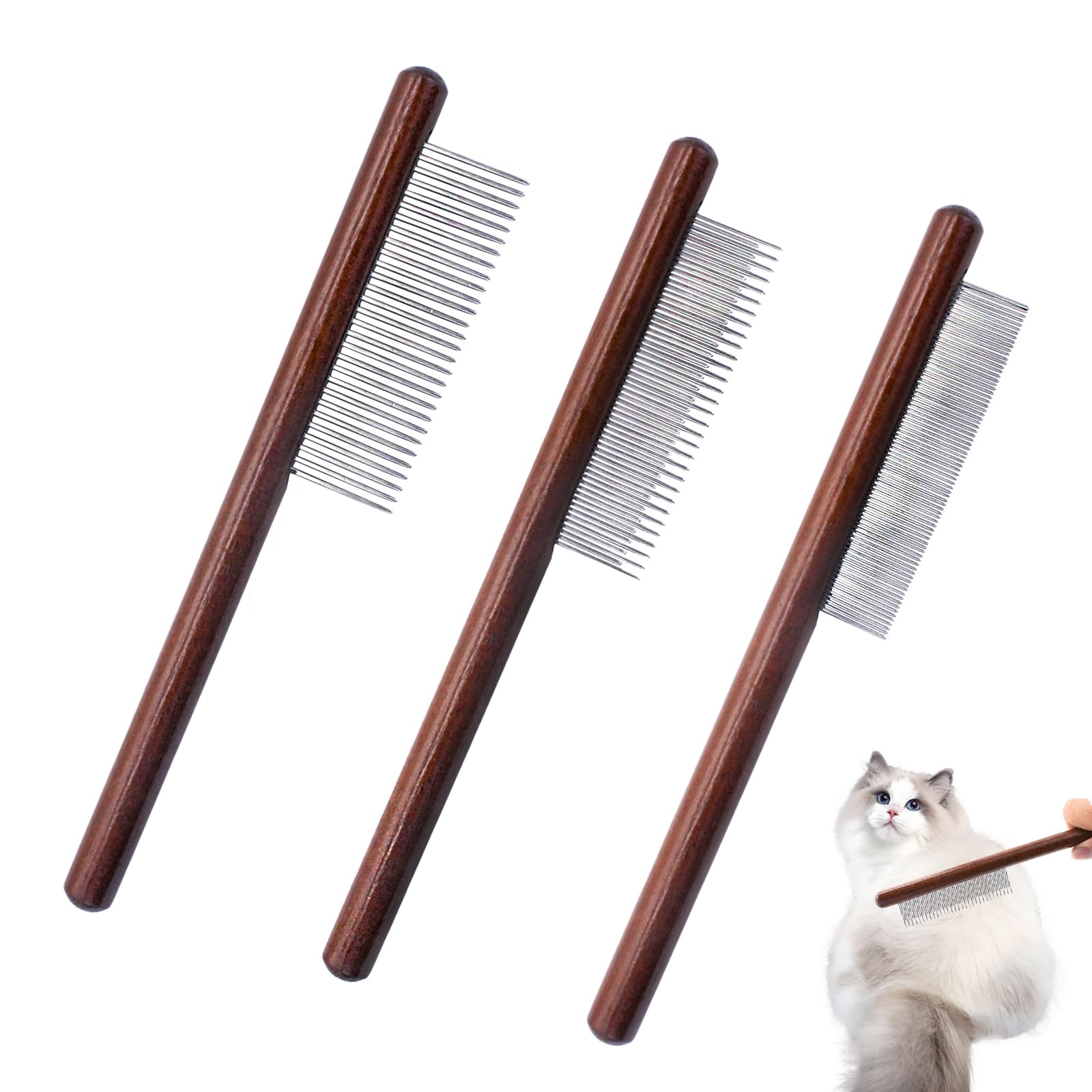 Andiker Cat Combs, Solid Wood Pet Comb, Stainless Steel Tooth Dog Comb for Cat Dog Removing Fleas, And Floating Hair (3 size)