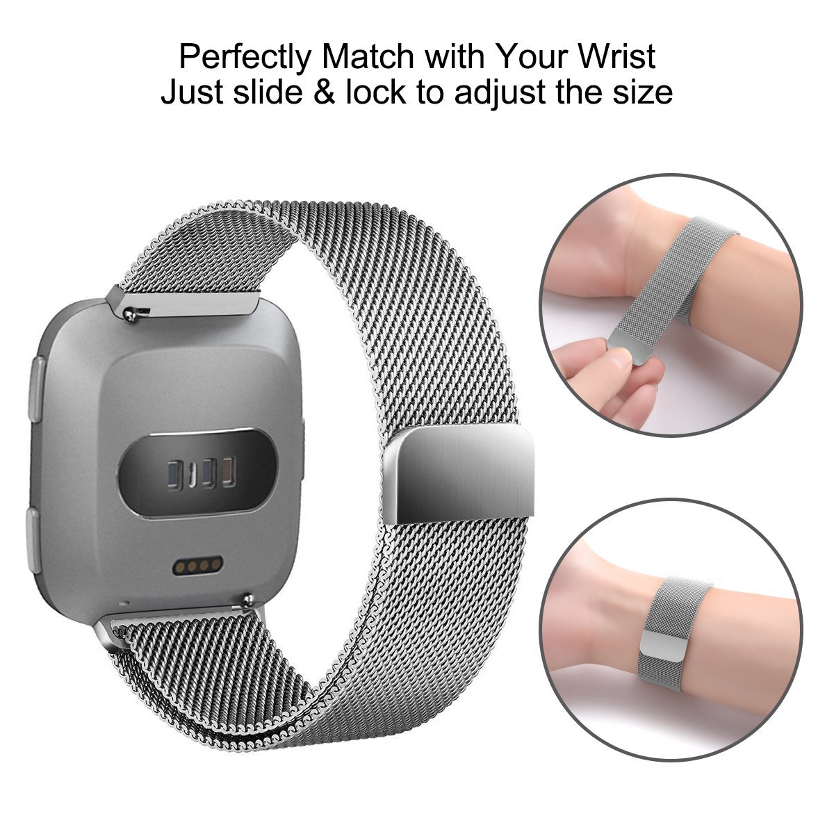 Mercase Fitbit Versa Armband[Prämie Edelstahl, Starkem Magnetverschluss, Atmungsaktivem Super Comfortable Milanese Loop]Smartwatch Verstellbarem Ersatzband Sports Armbänder Klein(5.5”-7.6”) Silber