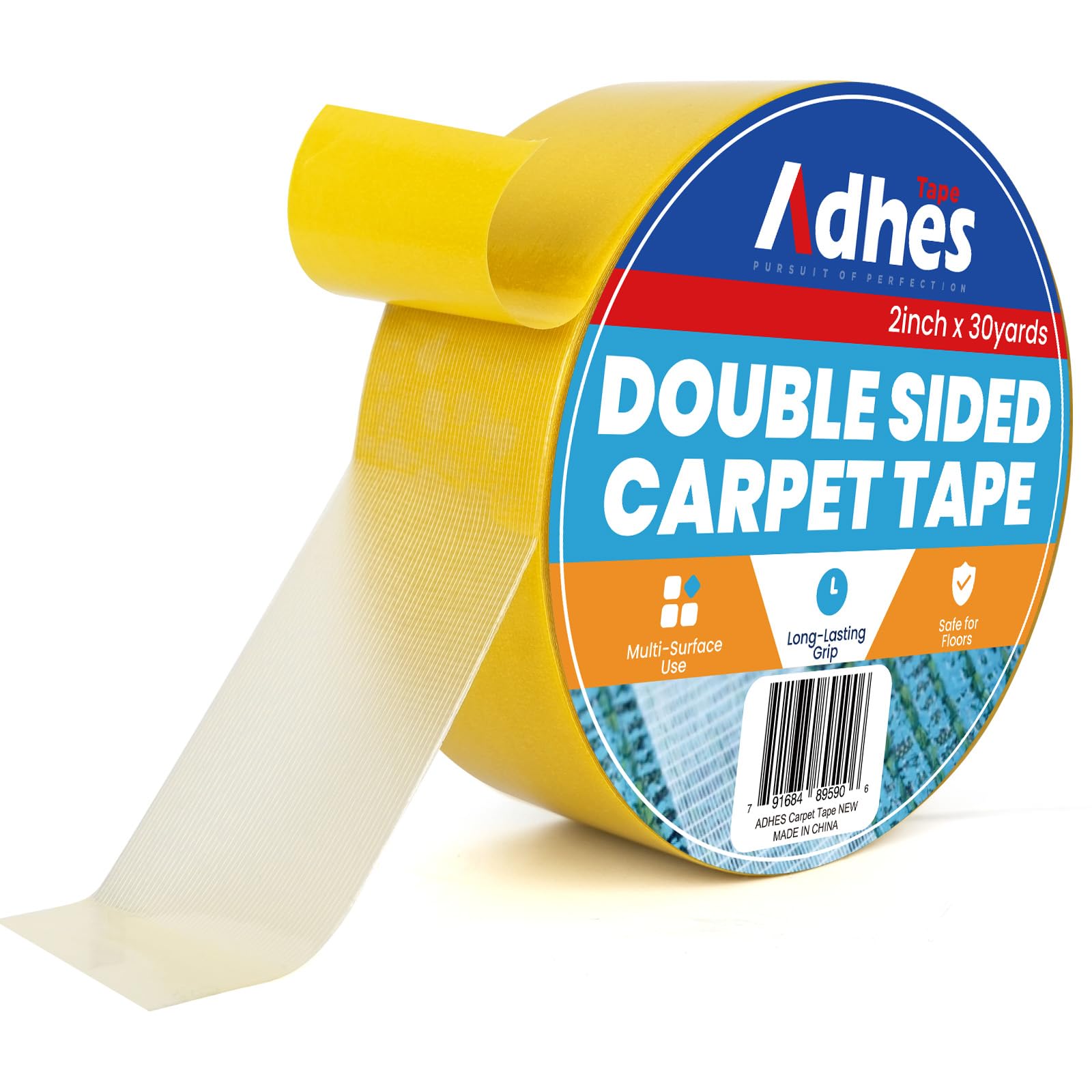 ADHES Heavy Duty Double Sided Carpet Tape, Yellow Gold 50MM x 27M x 1Roll Removable and Residue-Free Non Slip Rug Gripper for Hardwood Floors, Tape for Rugs Carpet Grippers and Anti-Slip Grips