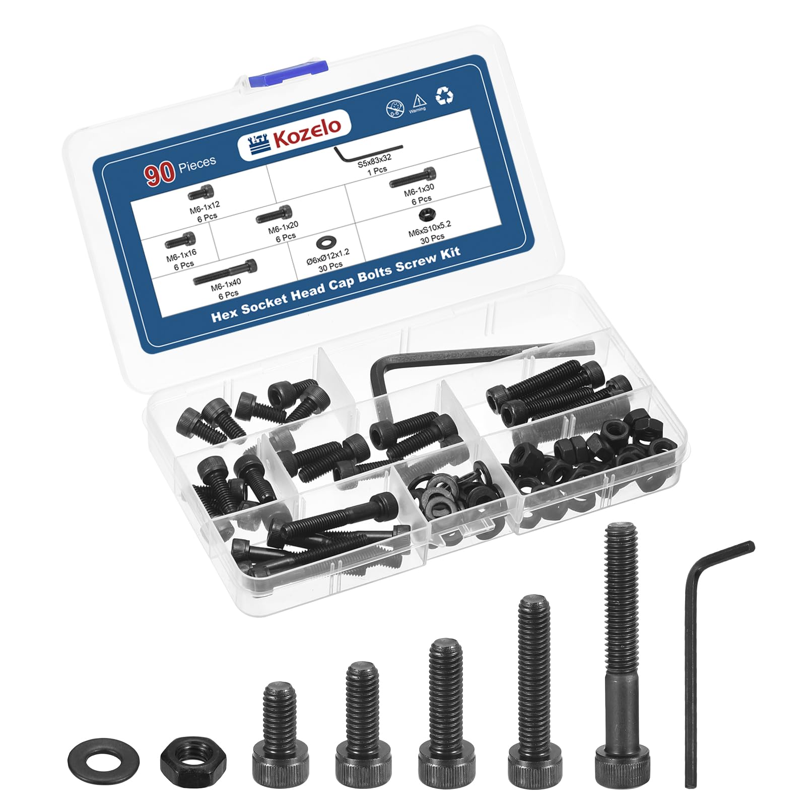Kozelo 90pcs M6 Socket Head Cap Screws Bolts Nuts Assortment Kit - [M6x12/16/20/30/40mm] Alloy Steel Fully Threaded Black Oxide 12.9 Internal Hex Screw for 3D Printer Use, with Wrench