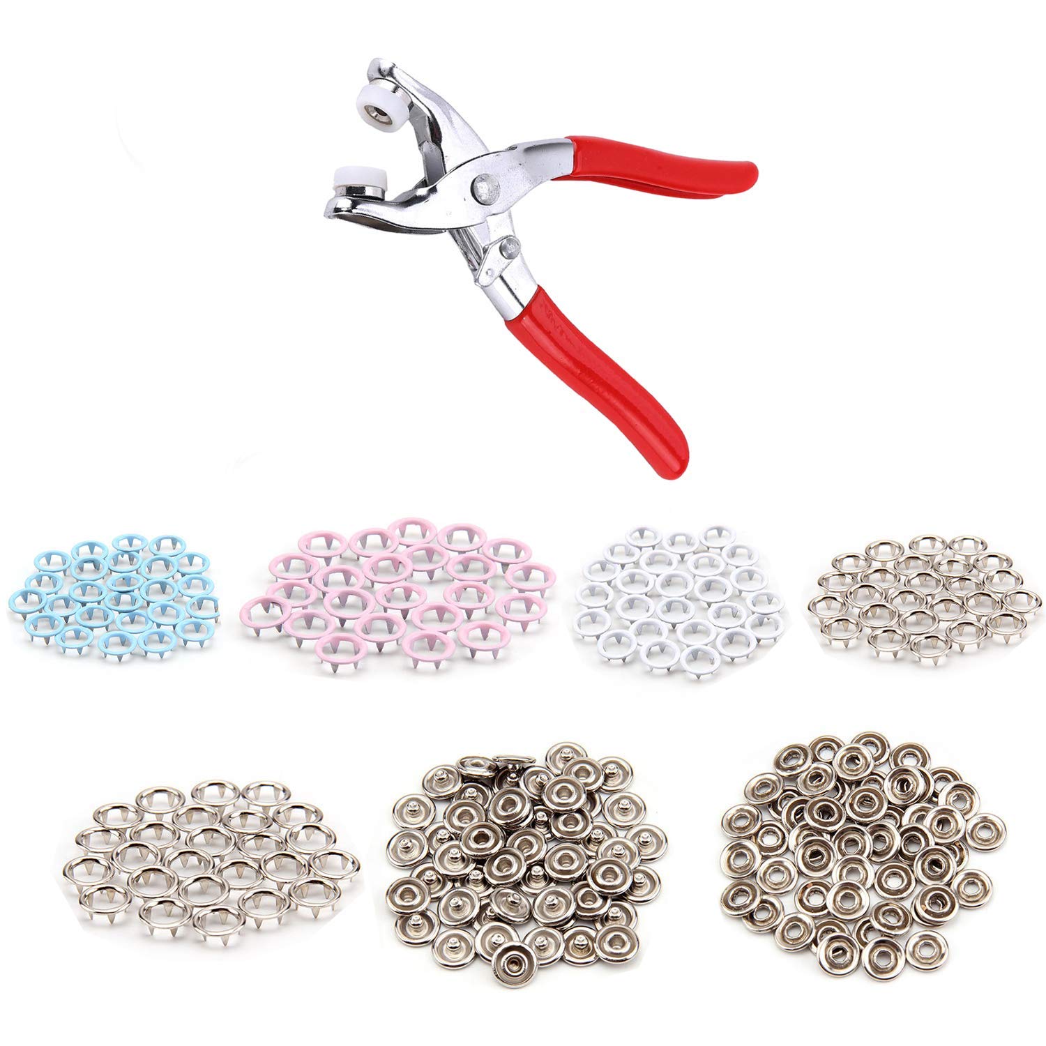 Trimming Shop 100pcs x 9.5mm Snap Poppers Fasteners - Coloured Prong Ring Press Studs for Babygrows, Bibs, Custom Clothing or DIY Projects (4 Colours) — image 1
