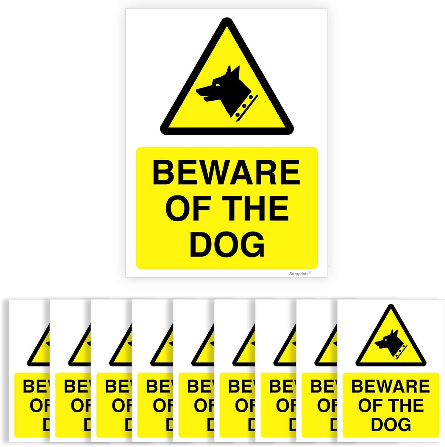 Sara Prints Pack of 10 Beware of The Dog Sign (150 x 200 mm) Waterproof Black and White Vinyl Stickers