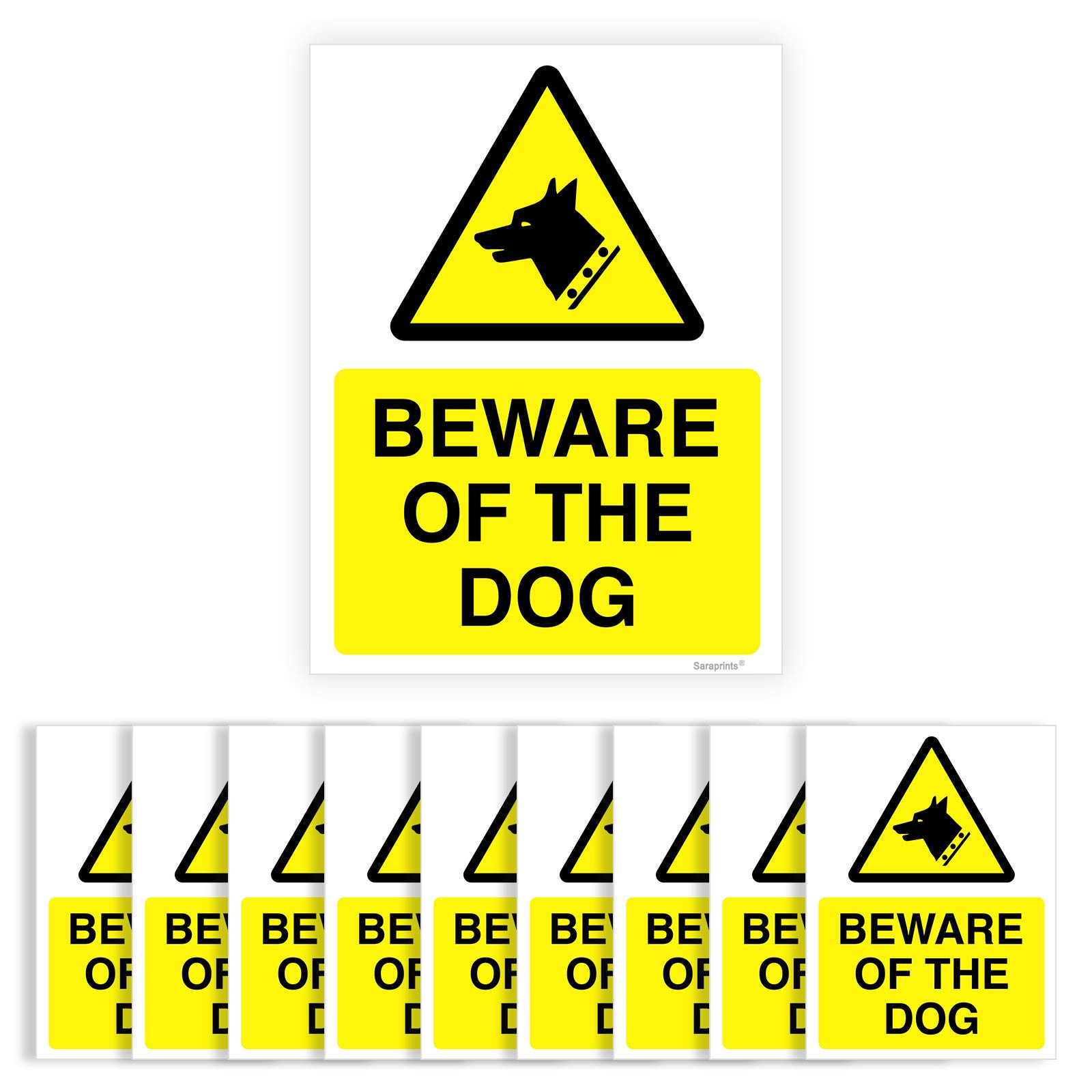 Sara Prints Pack of 10 Beware of The Dog Sign (150 x 200 mm) Waterproof Black and White Vinyl Stickers