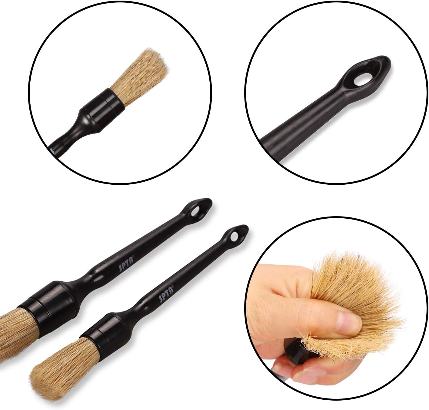 SPTA Car Detailing Brush Kit - 6 Pack, Auto Boar Hair Detail Brush Set Automotive Interior Exterior No Scratch Microfiber Detailing Brushes for Cleaning Air Vents, Engine Bays, Dashboard & Wheels: Automotive