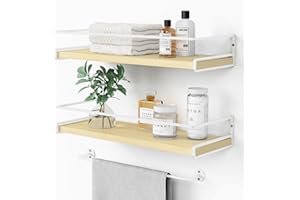 Forbena Floating Shelves for Wall with Rail, White and Natural Wood Nursery Book Shelves for Baby Girls Boys Kids Room Bedroom, Hanging Bookshelves Wall Mounted for Books, Toys, Bathroom (Set of 2)