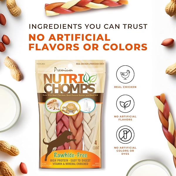 NUTRICHOMPS DOG CHEWS, 6-INCH BRAIDS, EASY TO DIGEST, RAWHIDE-FREE DOG TREATS, HEALTHY, REAL CHICKEN, PEANUT BUTTER AND MILK FLAVORS, PACK OF 4