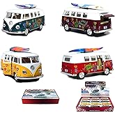 Set of 4 Vehicles: 5" 1962 VW Classic Van Flowers with Surfboard (Red, Green, Maroon and Yellow)